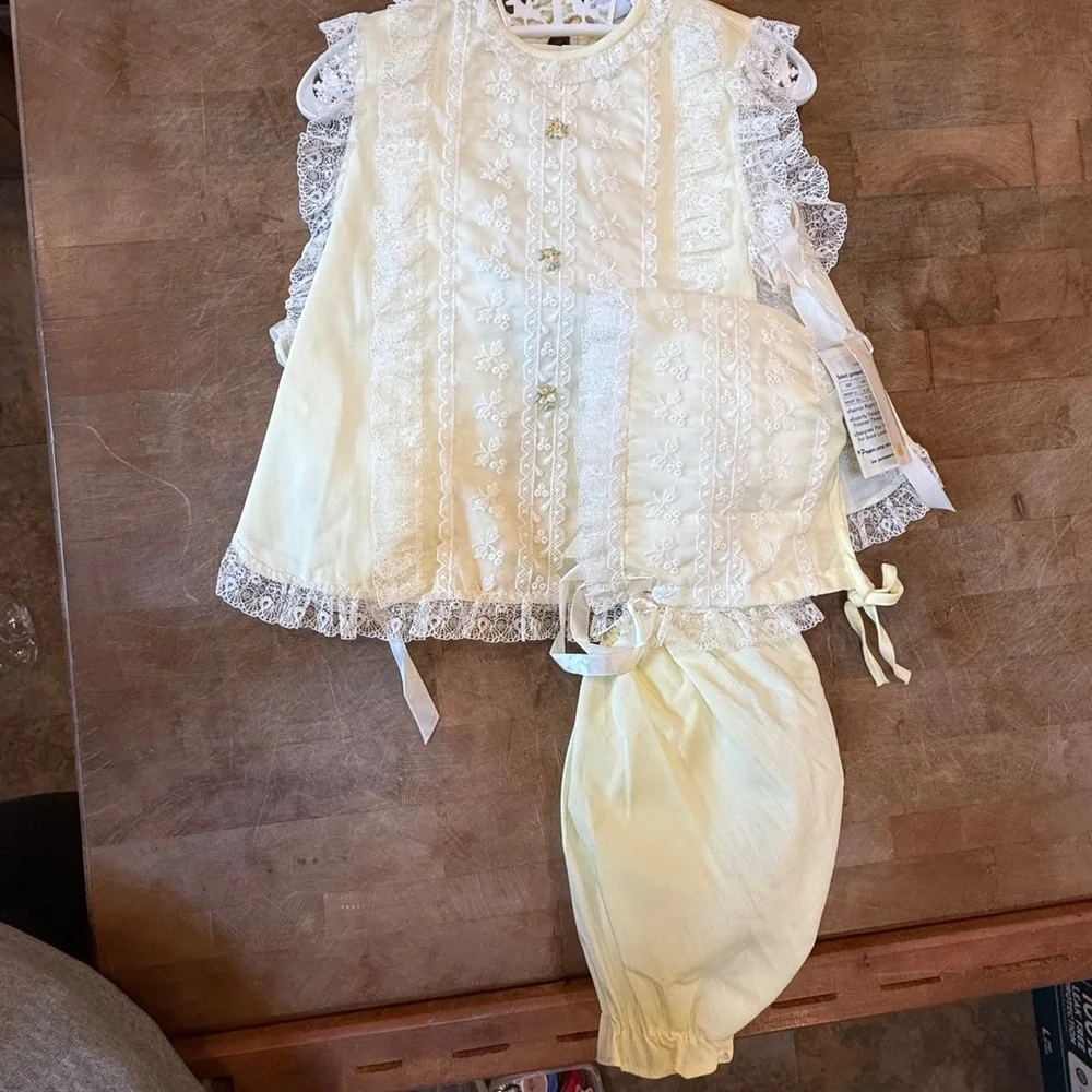 Vintage Sears Fashions for Tiny Tots Pale Yellow Baby Dress with White Lace Trim
